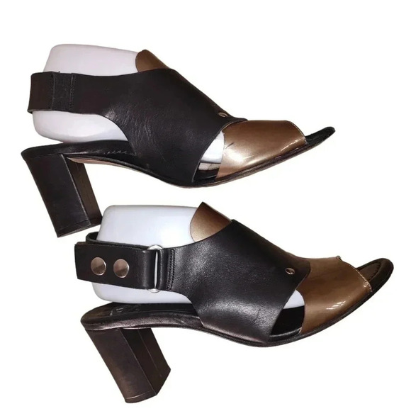 Anyi Lu Sling Back Sandals 9 40 Womens Black Tan Leather Handmade Chunky Heel - Picture 4 of 5